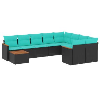 10-teiliges Gartensofa-Set mit Kissen, schwarzes Polyrattan