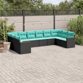 ARDEBO.de - 10-teiliges Gartensofa-Set mit Kissen, schwarzes Polyrattan