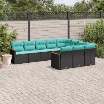 ARDEBO.de - 10-teiliges Gartensofa-Set mit Kissen, schwarzes Polyrattan