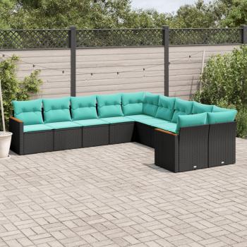 ARDEBO.de - 10-teiliges Gartensofa-Set mit Kissen, schwarzes Polyrattan