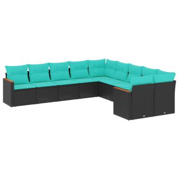 10-teiliges Gartensofa-Set mit Kissen, schwarzes Polyrattan