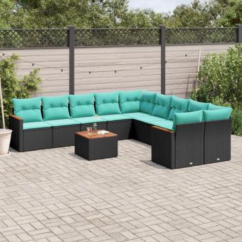 ARDEBO.de - 11-teiliges Gartensofa-Set mit Kissen, schwarzes Polyrattan