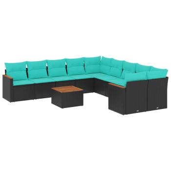 11-teiliges Gartensofa-Set mit Kissen, schwarzes Polyrattan
