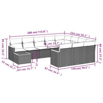 11-teiliges Gartensofa-Set mit Kissen, schwarzes Polyrattan
