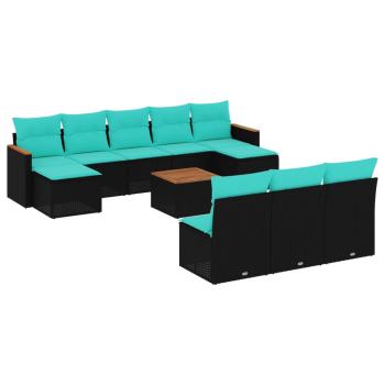11-teiliges Gartensofa-Set mit Kissen, schwarzes Polyrattan
