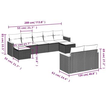 9-teiliges Gartensofa-Set mit Kissen, grau, Polyrattan