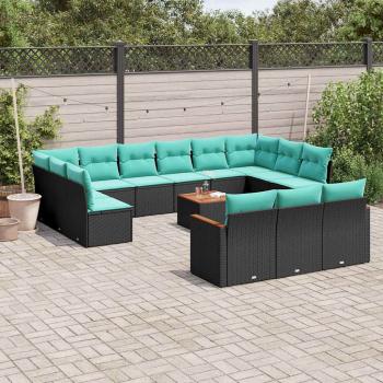 ARDEBO.de - 14-teiliges Gartensofa-Set mit Kissen, schwarzes Polyrattan