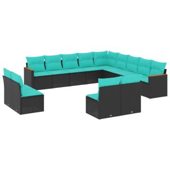 13-teiliges Gartensofa-Set mit Kissen, schwarzes Polyrattan