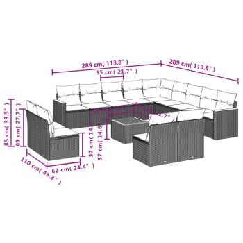 14-teiliges Gartensofa-Set mit Kissen, schwarzes Polyrattan