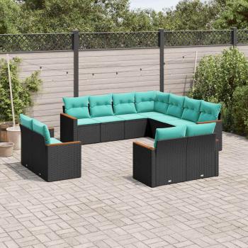 ARDEBO.de - 11-teiliges Gartensofa-Set mit Kissen, schwarzes Polyrattan