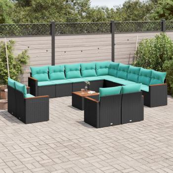 ARDEBO.de - 14-teiliges Gartensofa-Set mit Kissen, schwarzes Polyrattan