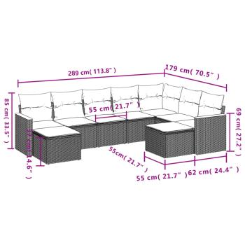 9-teiliges Gartensofa-Set mit Kissen, schwarzes Polyrattan