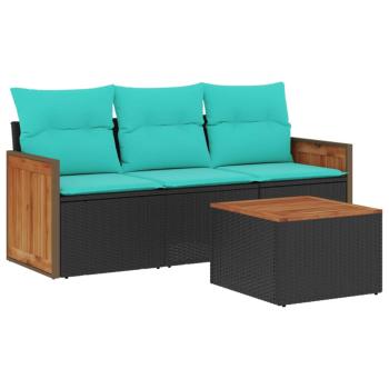 4-teiliges Gartensofa-Set mit Kissen, schwarzes Polyrattan