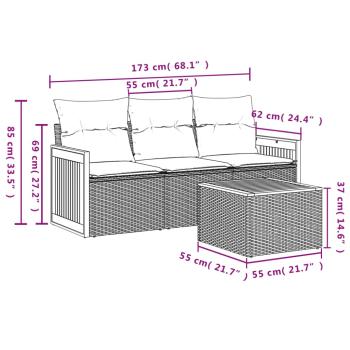 4-teiliges Gartensofa-Set mit Kissen, schwarzes Polyrattan