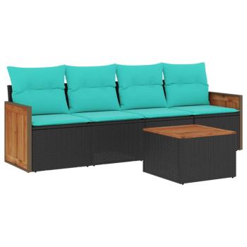 5-teiliges Gartensofa-Set mit Kissen, schwarzes Polyrattan