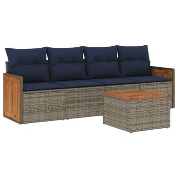 5-teiliges Gartensofa-Set mit Kissen, grau, Polyrattan