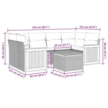 7-teiliges Gartensofa-Set mit Kissen, schwarzes Polyrattan
