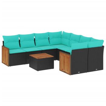 9-teiliges Gartensofa-Set mit Kissen, schwarzes Polyrattan