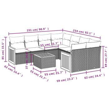 9-teiliges Gartensofa-Set mit Kissen, schwarzes Polyrattan