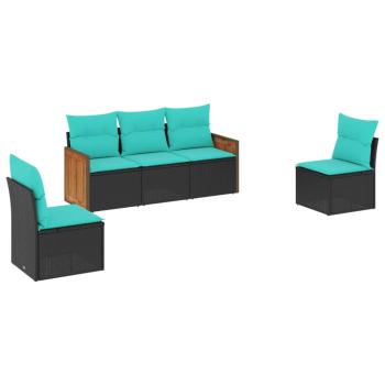 5-teiliges Gartensofa-Set mit Kissen, schwarzes Polyrattan