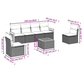 7-teiliges Gartensofa-Set mit Kissen, grau, Polyrattan