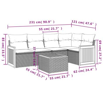 6-teiliges Gartensofa-Set mit Kissen, schwarzes Polyrattan