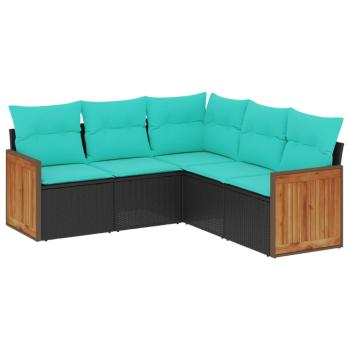 5-teiliges Gartensofa-Set mit Kissen, schwarzes Polyrattan