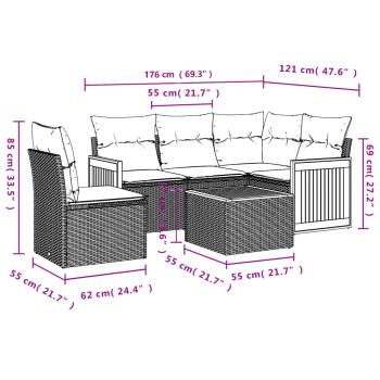 6-teiliges Gartensofa-Set mit Kissen, grau, Polyrattan