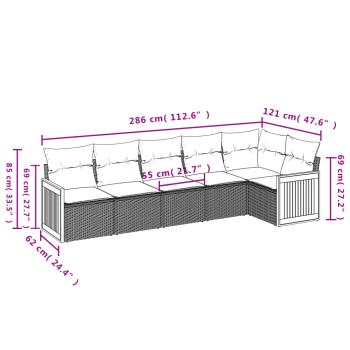6-teiliges Gartensofa-Set mit Kissen, grau, Polyrattan