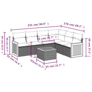 7-teiliges Gartensofa-Set mit Kissen, grau, Polyrattan