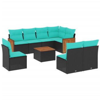 9-teiliges Gartensofa-Set mit Kissen, schwarzes Polyrattan