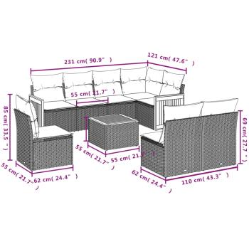 9-teiliges Gartensofa-Set mit Kissen, grau, Polyrattan