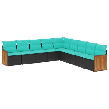 9-teiliges Gartensofa-Set mit Kissen, schwarzes Polyrattan