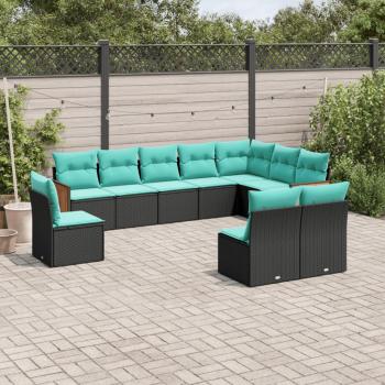 ARDEBO.de - 10-teiliges Gartensofa-Set mit Kissen, schwarzes Polyrattan