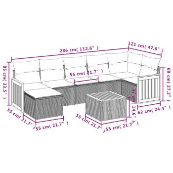 8-teiliges Gartensofa-Set mit Kissen, schwarzes Polyrattan