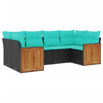 6-teiliges Gartensofa-Set mit Kissen, schwarzes Polyrattan