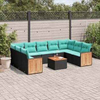 ARDEBO.de - 10-teiliges Gartensofa-Set mit Kissen, schwarzes Polyrattan