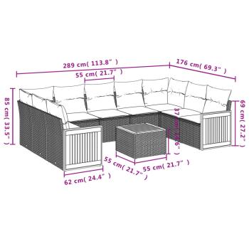 10-teiliges Gartensofa-Set mit Kissen, schwarzes Polyrattan