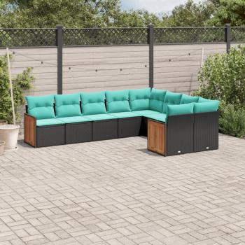 ARDEBO.de - 9-teiliges Gartensofa-Set mit Kissen, schwarzes Polyrattan