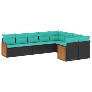 9-teiliges Gartensofa-Set mit Kissen, schwarzes Polyrattan