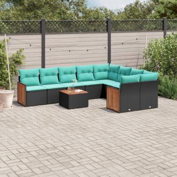 ARDEBO.de - 10-teiliges Gartensofa-Set mit Kissen, schwarzes Polyrattan