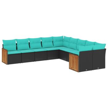 10-teiliges Gartensofa-Set mit Kissen, schwarzes Polyrattan