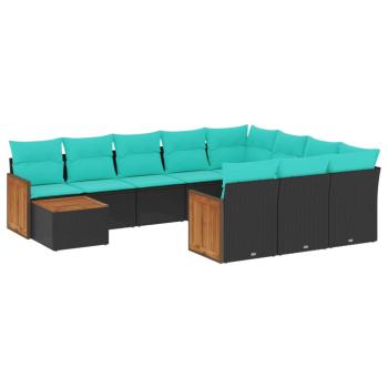 11-teiliges Gartensofa-Set mit Kissen, schwarzes Polyrattan
