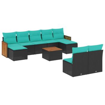 10-teiliges Gartensofa-Set mit Kissen, schwarzes Polyrattan