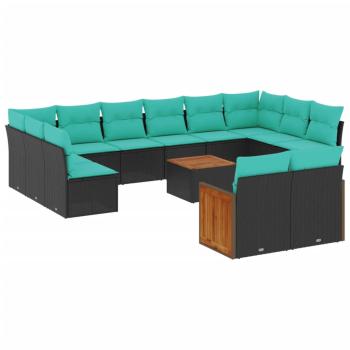 13-teiliges Gartensofa-Set mit Kissen, schwarzes Polyrattan
