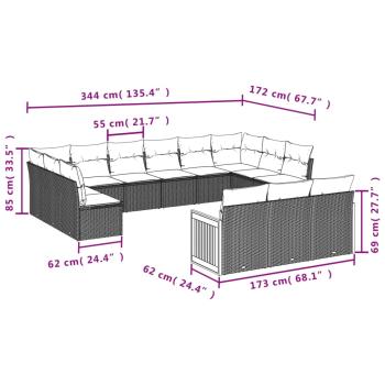 13-teiliges Gartensofa-Set mit Kissen, schwarzes Polyrattan
