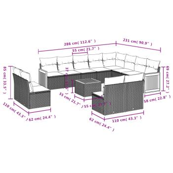 13-teiliges Gartensofa-Set mit Kissen, schwarzes Polyrattan