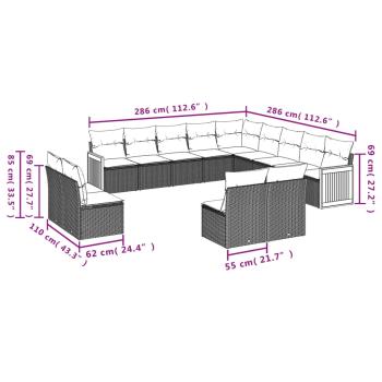 13-teiliges Gartensofa-Set mit Kissen, schwarzes Polyrattan