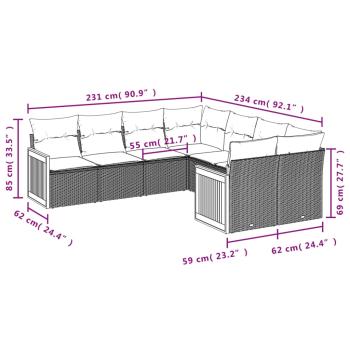 8-teiliges Gartensofa-Set mit Kissen, schwarzes Polyrattan