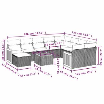 11-teiliges Gartensofa-Set mit Kissen, schwarzes Polyrattan